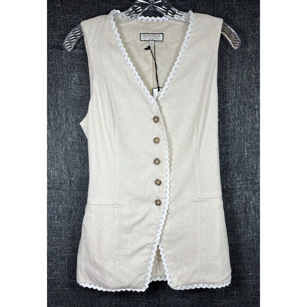 NWT Bagatelle Collection Sz S Vest Linen Blend Lace Trim Beige Oatmeal V-Neck